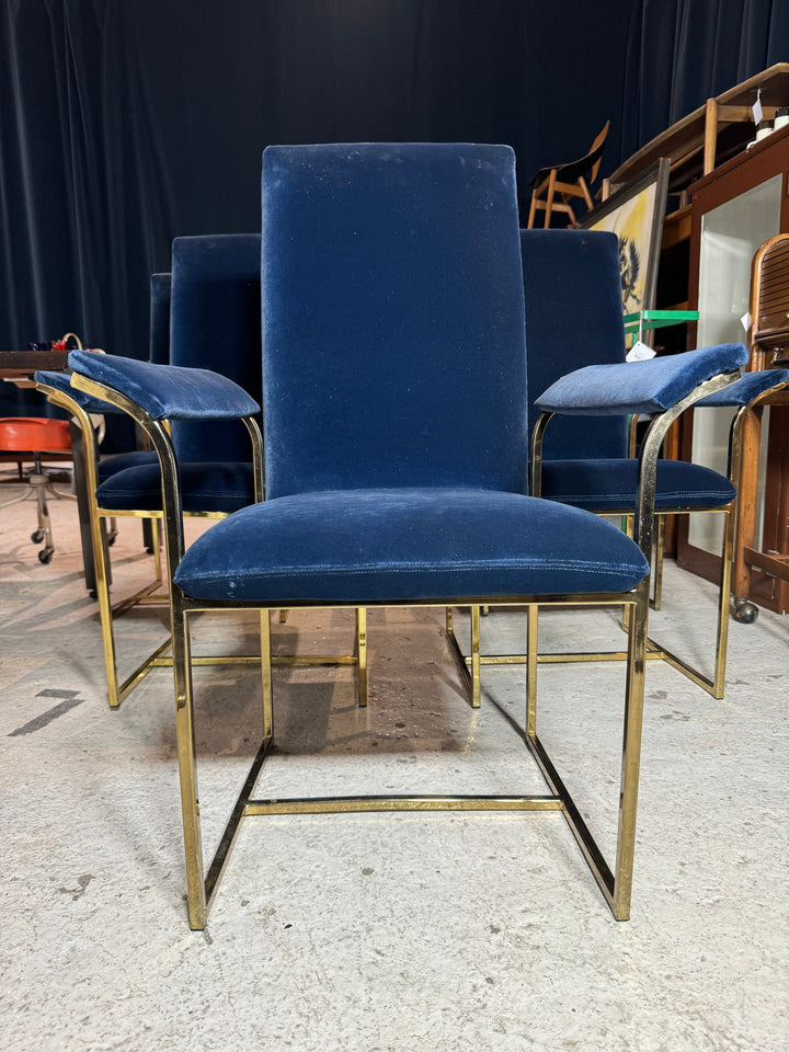 (6) Baughman Style Blue Velvet Upholstered Dining Chairs