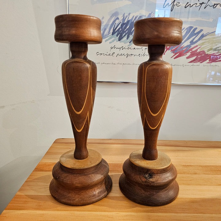 Pair of Hand Turned Wood Candle Holders