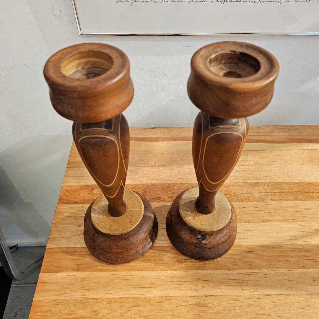 Pair of Hand Turned Wood Candle Holders