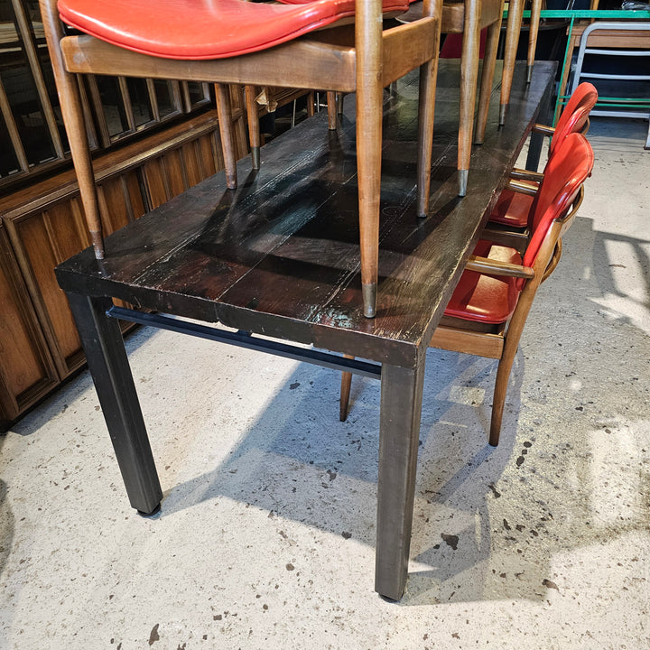 8.5' Dark Stained Harvest Table w/ Steel Legs