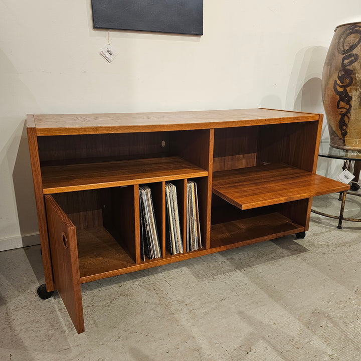 Teak Record Console Cabinet on Casters