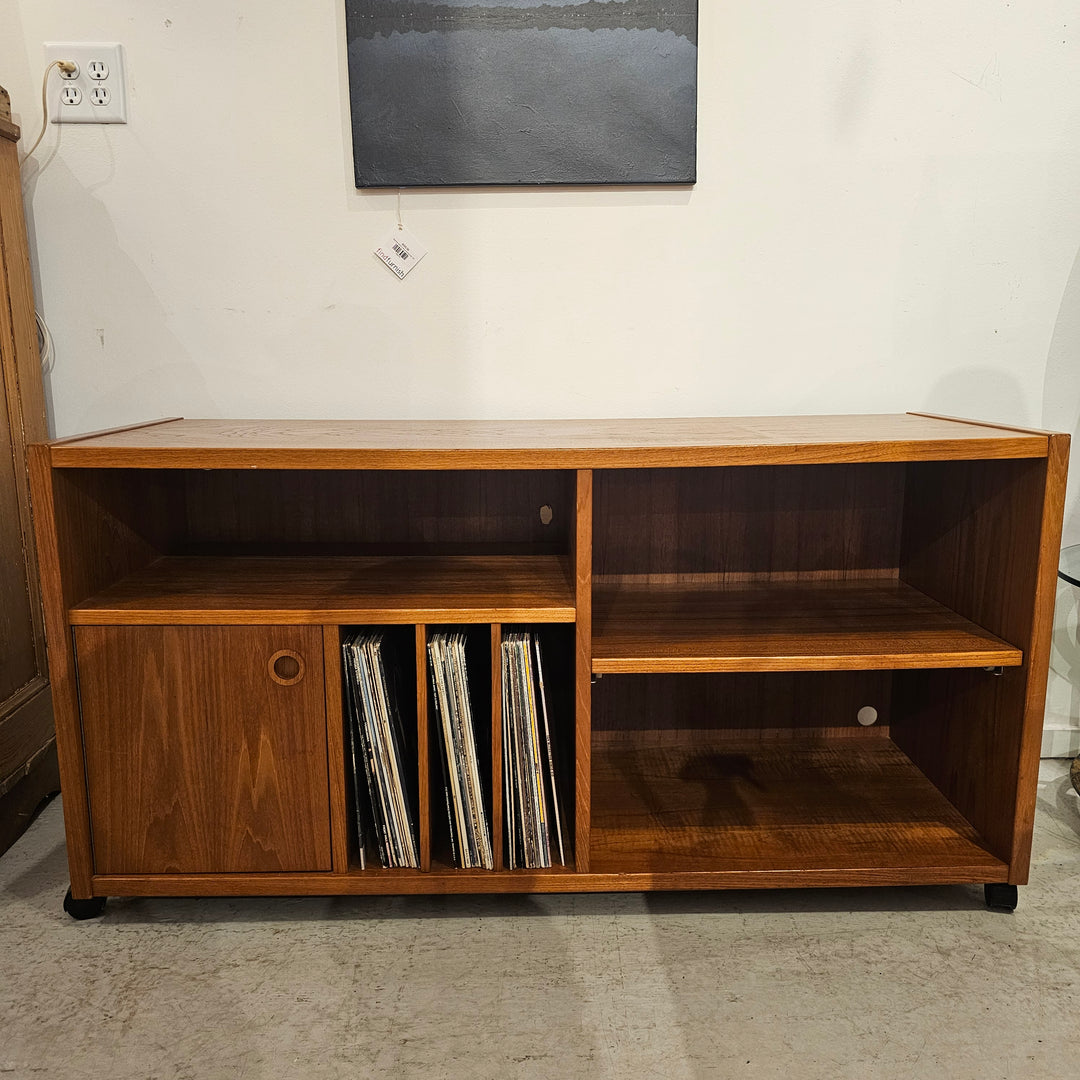 Teak Record Console Cabinet on Casters