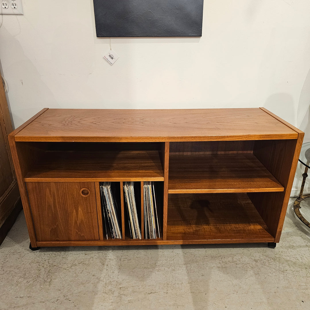 Teak Record Console Cabinet on Casters