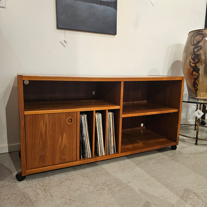 Teak Record Console Cabinet on Casters